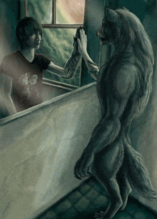 a werewolf is giving a high five to a man in a black shirt