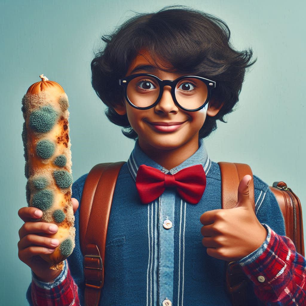 nerdy indian kid holding a sausage covered in mold