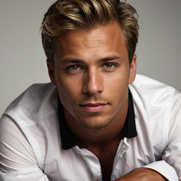 30 year-old male, slightly tan, short dirty blond hair, brown eyes, lightly  tanned skin, He wears a white shirt, with a black leather vest that has red  accents - AI Görüntü Oluşturucu