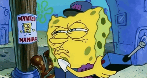 a cartoon spongebob is standing next to a wanted maniac sign