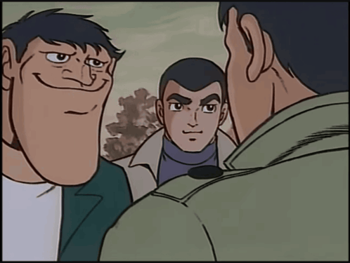 a cartoon of three men talking to each other with one making a funny face
