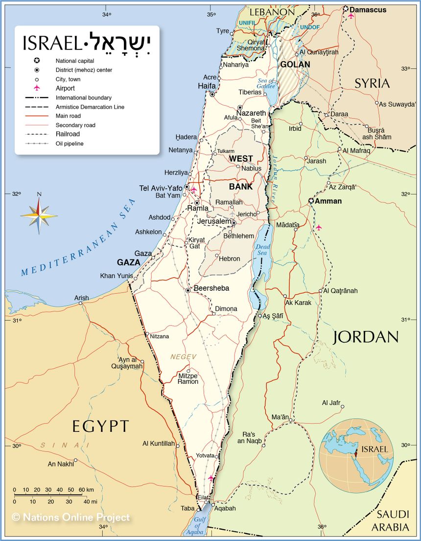 Political Map of Israel with boreders and cities