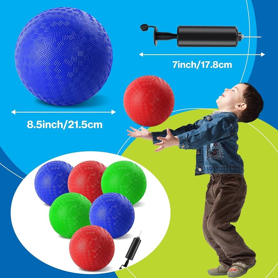 HSLCGF 6 Pcs Dodgeballs 8.5 Inch Playground Ball 3 Colour Kickball  Inflatable Rubber Handball Bouncy Dodge Ball with 1 Hand Pump for Outdoors  Games Gym Camps Picnic (Needle is at The Top
