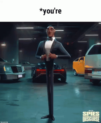 a cartoon character from the movie spies in disguise is standing in a garage