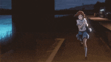a girl in a school uniform is running with a blue background