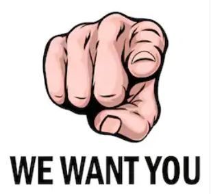 This may contain: an image of a fist that says we want you on it's back ground