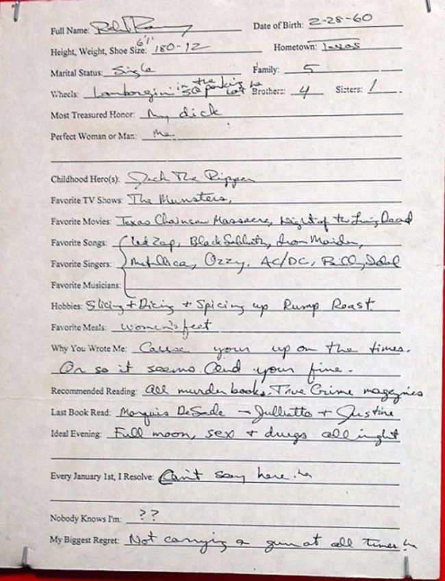 This Questionnaire From Serial Killer Richard Ramirez Is Very ...