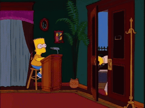 bart simpson is giving a speech at a podium while homer simpson is standing in the doorway