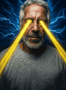 a man with a beard is looking at the camera with a lightning bolt behind him