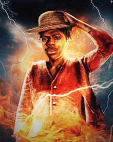 a man in a straw hat is surrounded by fire