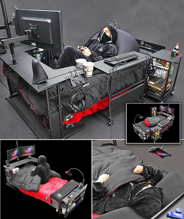 A really lazy boy! Ultimate gaming bed comes with energy wagon for snacks and desk for