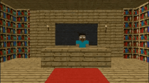 a minecraft room with a red carpet and a white cube with a face on it