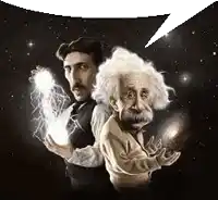 a cartoon of tesla and albert einstein holding lightning in their hands .