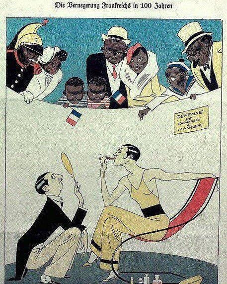 The last colorless French are the main attraction of the Paris Zoo." The  German magazine Kladderadatsch published such a caricature in 1932 as Nazi  propaganda, predicting what France would be like in