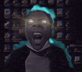 a person wearing headphones and a mask is screaming and looking at the camera .