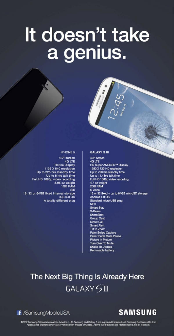iPhone 5 vs Galaxy S3 comparison featured in Samsung “It doesn't take a  genius” Ad