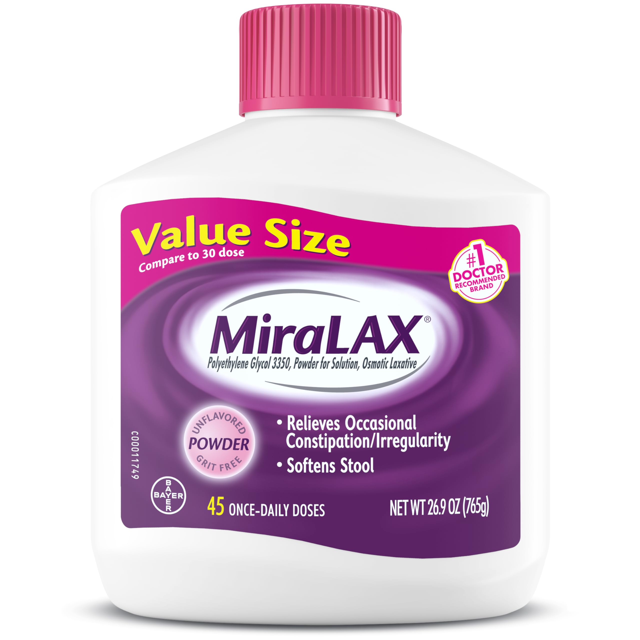 Amazon.com: MiraLAX Laxative Powder, Gentle Constipation Relief for Adults,  Stool Softener with PEG 3350, Nonstimulant Laxative, No Harsh Side Effects,  Osmotic Laxative, 45 Dose : Health & Household