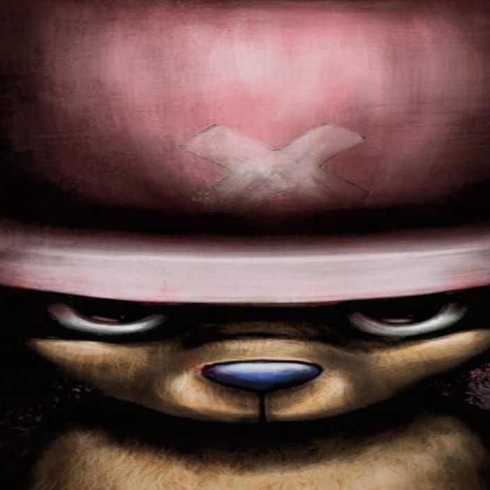 This may contain: a painting of a teddy bear wearing a top hat with an x on it's face