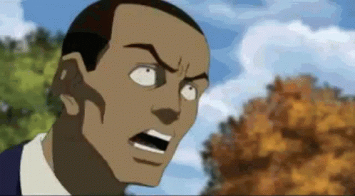 a close up of a cartoon character 's face with his mouth open and trees in the background .