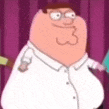 peter griffin from family guy is standing in front of a purple curtain in a blurry picture .