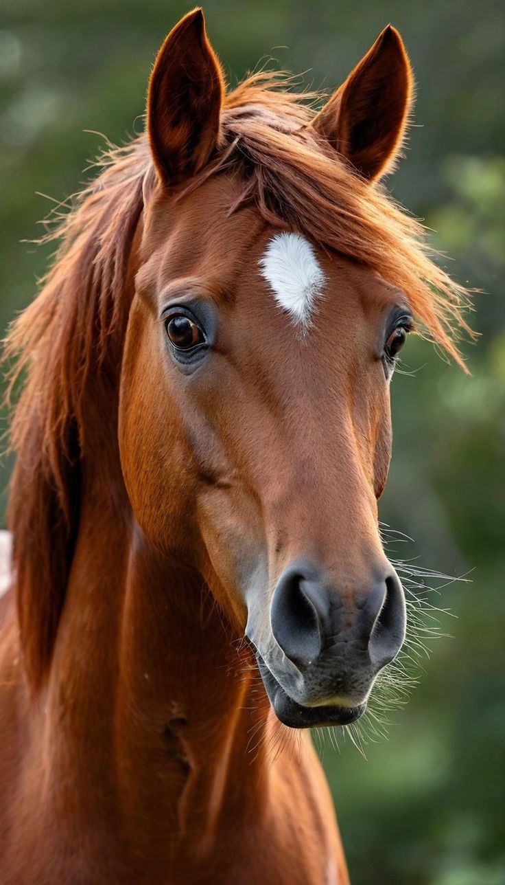 This may contain: a brown horse with white patches on it's face