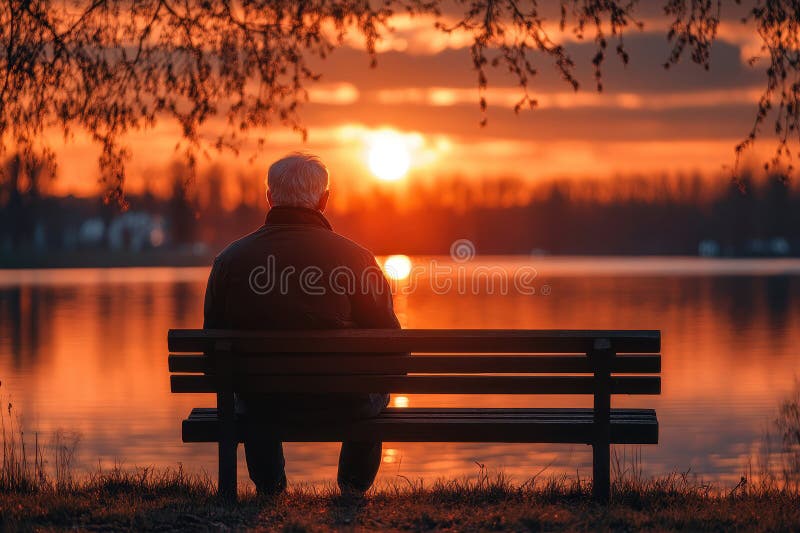 lonely-old-man-park-sitting-bench-sunlight-flare-lake-353270434.jpg