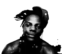 a black and white photo of a man wearing headphones and a baseball cap