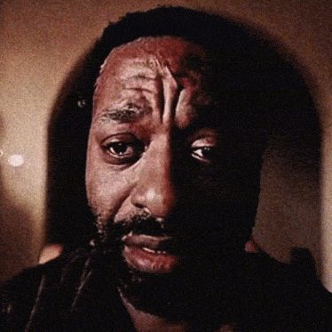 a close up of a man 's face with a beard looking at the camera