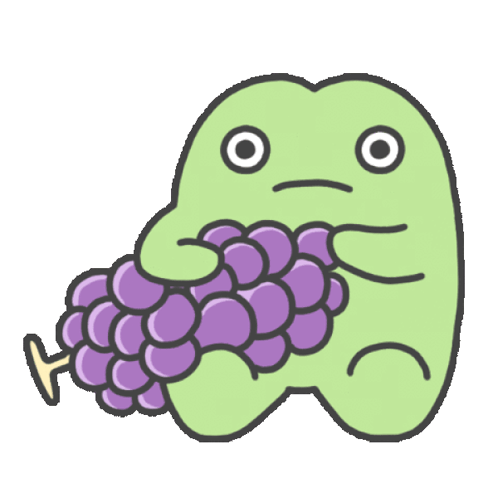 a cartoon frog is eating a bunch of grapes
