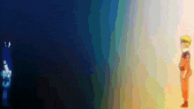 two anime characters are standing next to each other in a dark room .