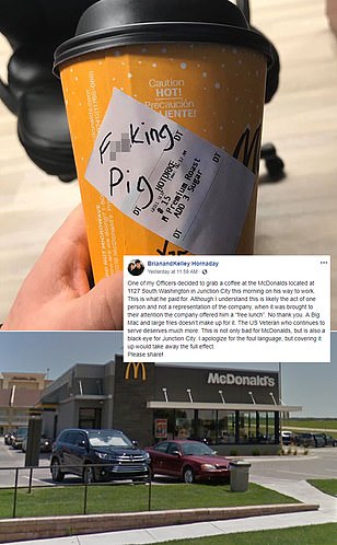 Kansas cop resigns after admitting HE wrote 'f**king pig' on his McDonald's coffee cup