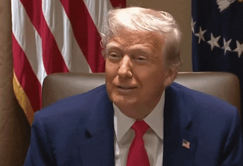 donald trump wearing a blue suit and red tie is sitting in front of an american flag