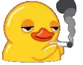 a yellow rubber duck is smoking a cigarette with smoke coming out of it .
