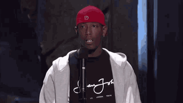 a man wearing a red hat and a black shirt that says  ram j 