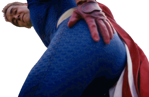 a man in a blue superhero costume is being held by a red glove