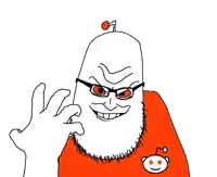 a cartoon of a man with glasses and a beard wearing a red shirt with a reddit logo on it .