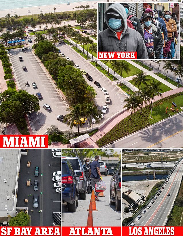 Mile-long line of cars wait to receive food parcels from parking lot between two luxury