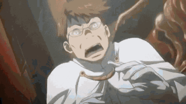 a man wearing glasses and a white cape is screaming .