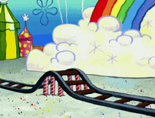 a cartoon of a roller coaster with a rainbow and clouds in the background