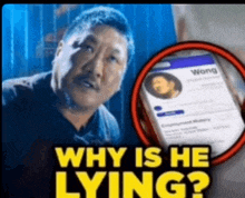 a man with a beard is holding a cell phone next to a screen that says why is he lying .