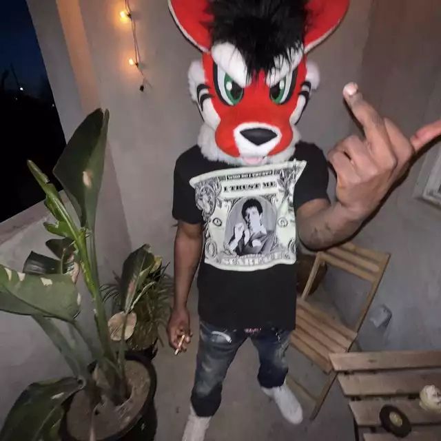 This may contain: a man wearing a red and white mask standing in front of a plant with his fingers up
