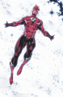 a man in a red superhero costume is flying through space