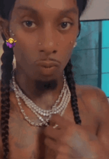 a man with braids and a beard is wearing a necklace .