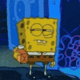 a cartoon of spongebob squarepants holding a box in his hand .