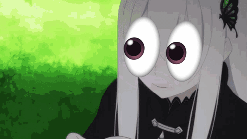 a cartoon character with big eyes and a butterfly on her hair