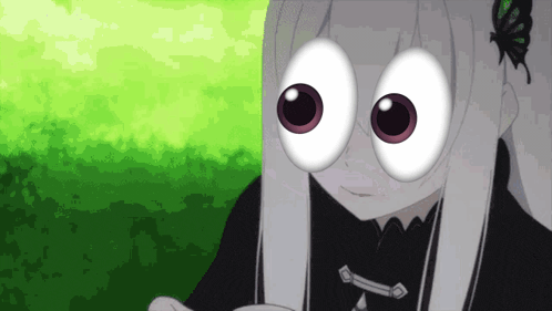 a cartoon character with big eyes and a butterfly on her hair