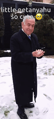 a man in a black coat and tie is standing in the snow with the words little netanyahu so cute above him