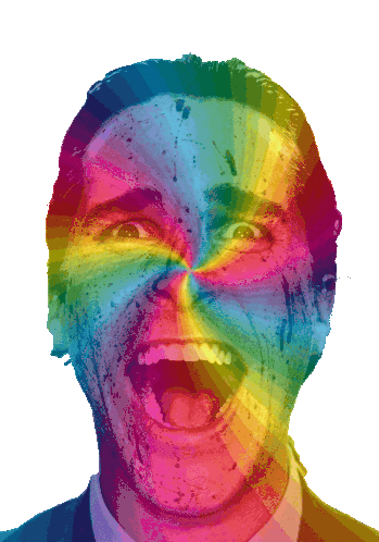 a close up of a man 's face with a rainbow in the background