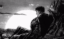 a black and white drawing of a person sitting on a rock