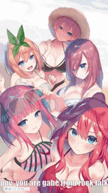 a group of anime girls are posing for a picture and the caption says  pov you are gabe from rock talk 